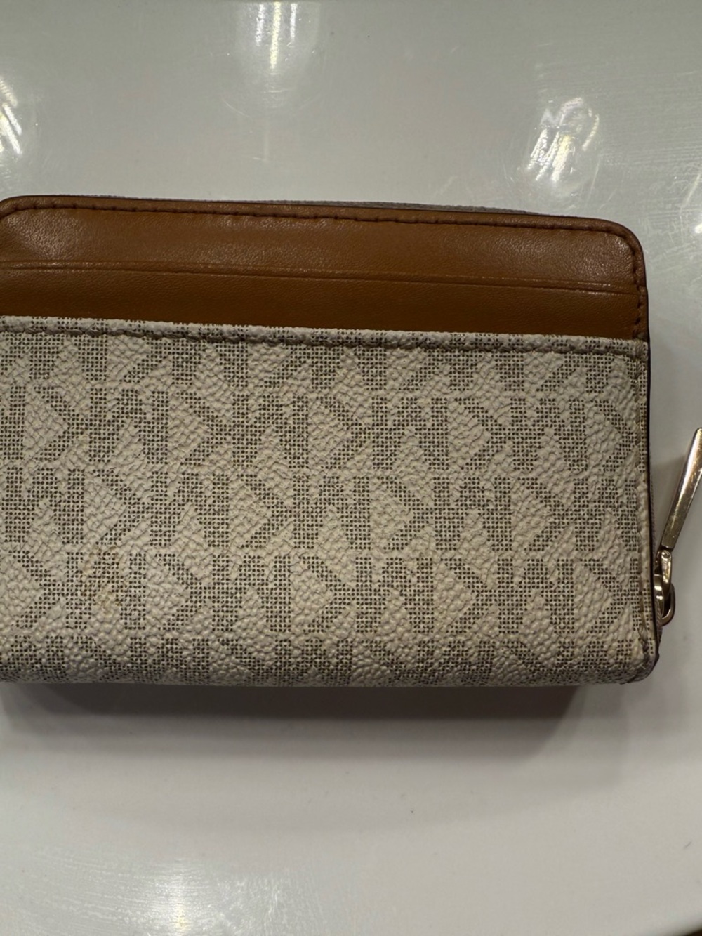 Michael Kors Beige Monogram Zip-Around Wallet with Brown Trim - Picture 2 of 7